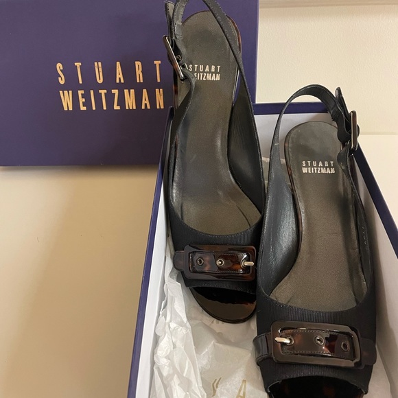 Stuart Weitzman black FAILLE MIDDY sling back with tortoise buckle/ heels,  8.5 - Picture 2 of 9